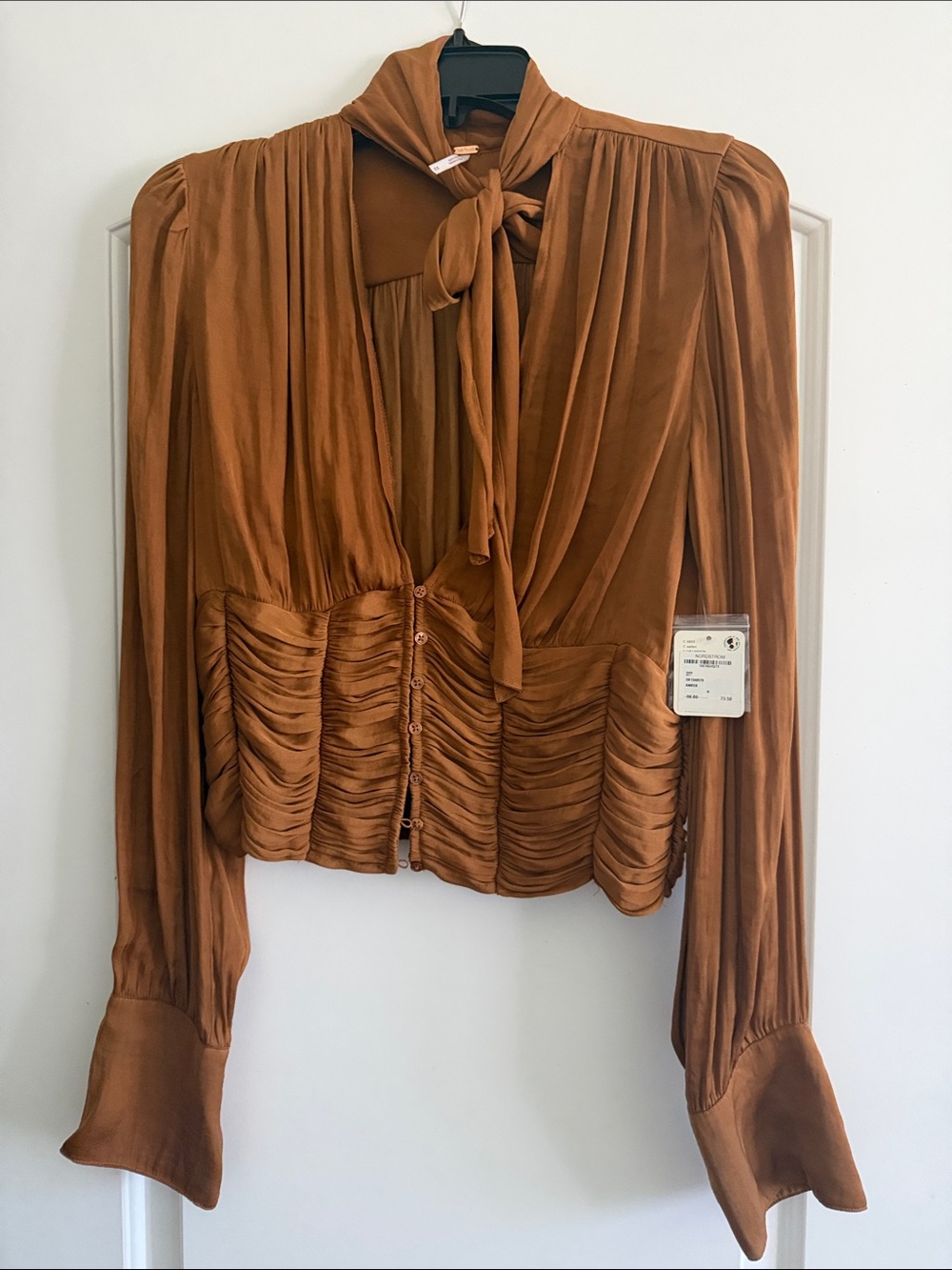 Rust Tie-Neck Ruched Satin Blouse - Women